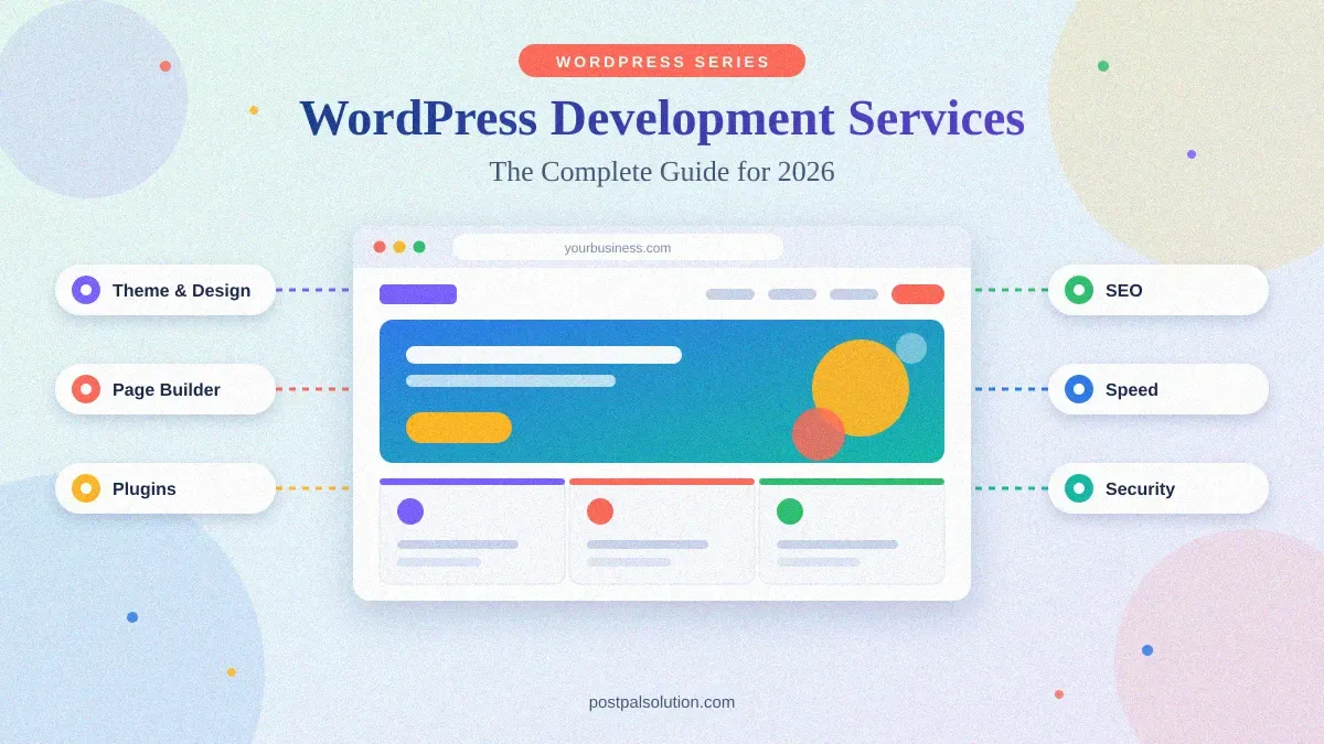 Browser window mockup of a WordPress website surrounded by labels for theme, page builder, plugins, SEO, speed and security